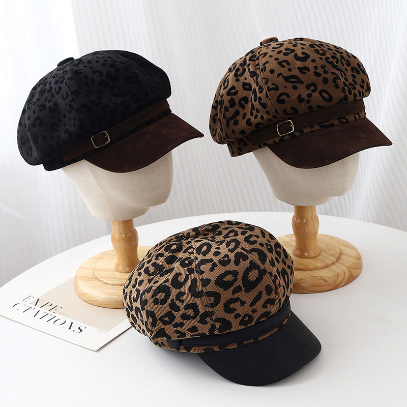 Vintage Fashion Hats - 레트로 레오파드 프린트 와이드 브림 베레모