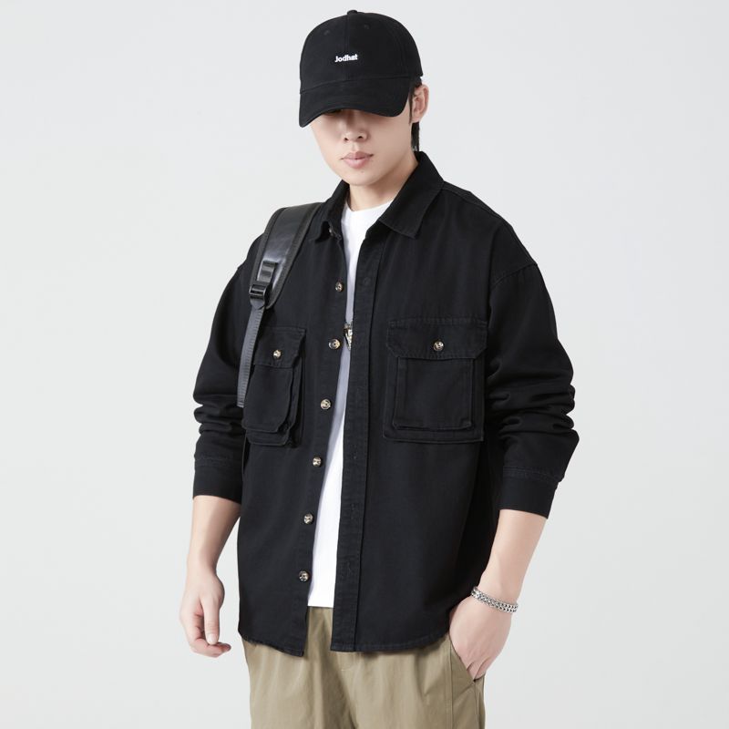 Vintage Fashion Streetwear - 순수 코튼 툴링 셔츠 남성 봄