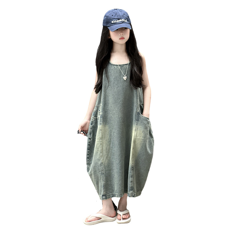 Vintage Fashion Streetwear - 빈티지 블루 어린이 소녀 고품질 민소매