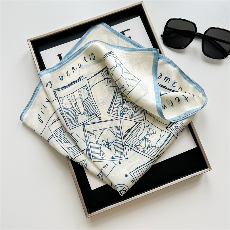 빈티지 스케치 프린트 새틴 스몰 스퀘어 100% 스카프 - Vintage Fashion Art 리뷰 및 가격