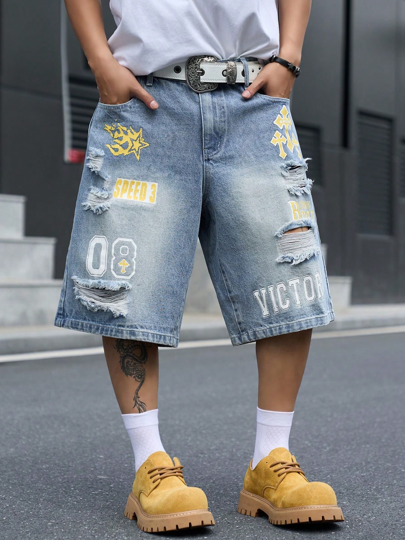 남성용 루즈핏 데님 버뮤다 반바지, 빈티지 디스트레스드 - Vintage Fashion Jeans 리뷰 및 가격